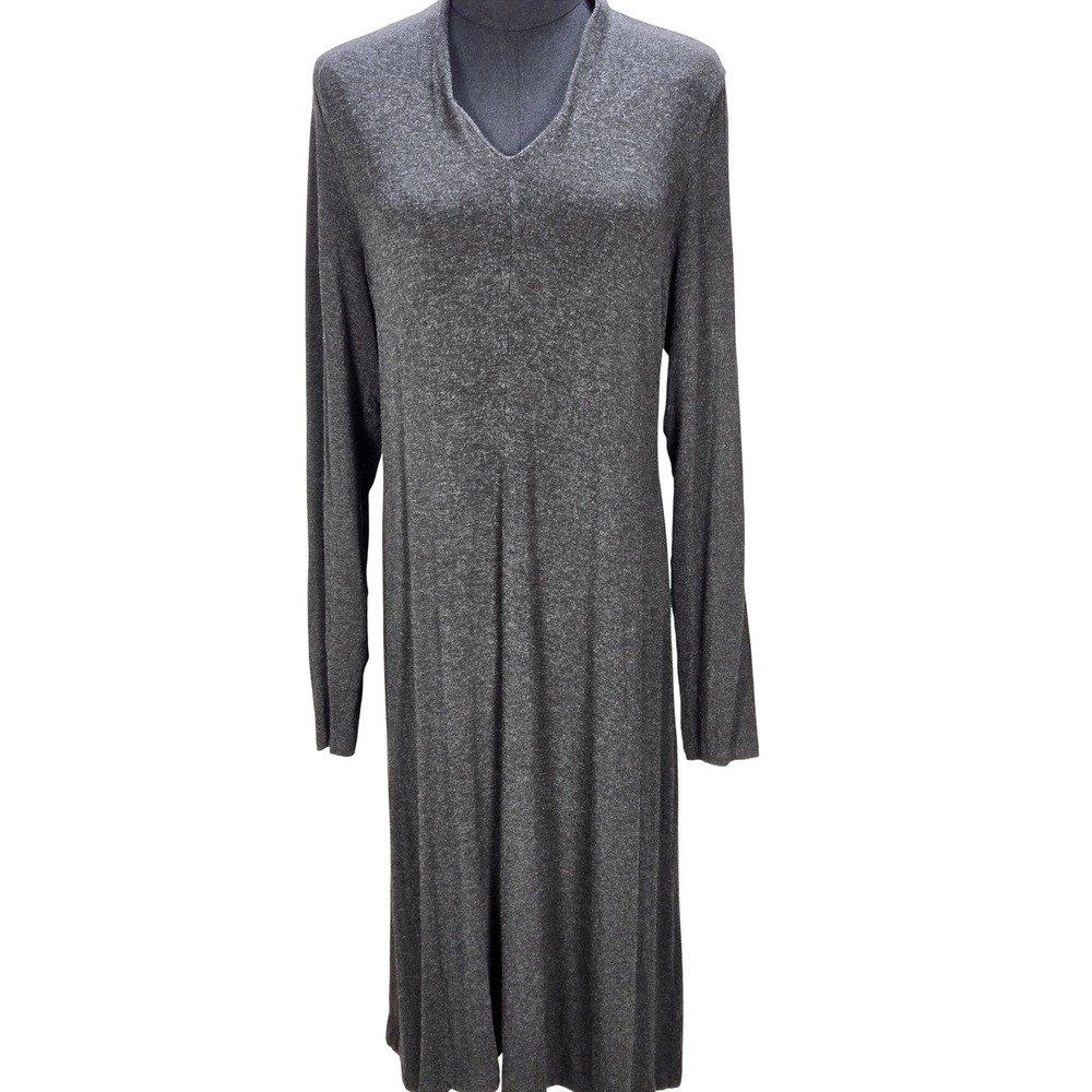 Women's Eileen Fisher Large Gray V-Neck Long Sleeve Knit Midi Dress Quiet Luxury